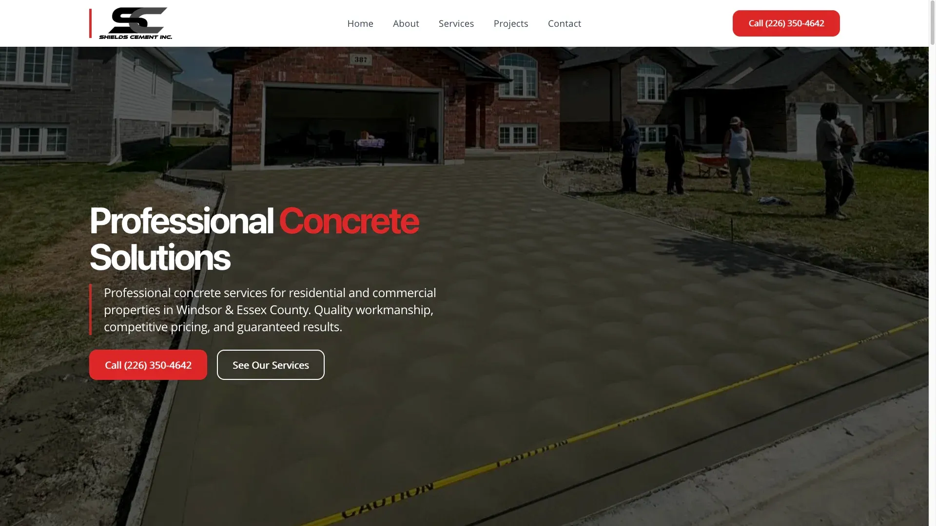 Screenshot of the Shields Cement website with service cards, pricing transparency, and gallery of completed concrete projects.