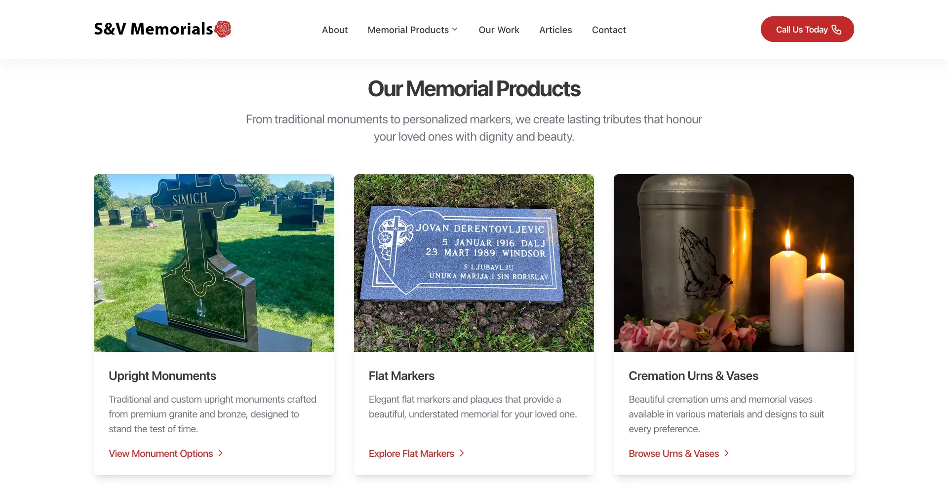 Screenshot of the S&V Memorials website portfolio gallery, with categorized images of headstones, plaques, and memorial benches.